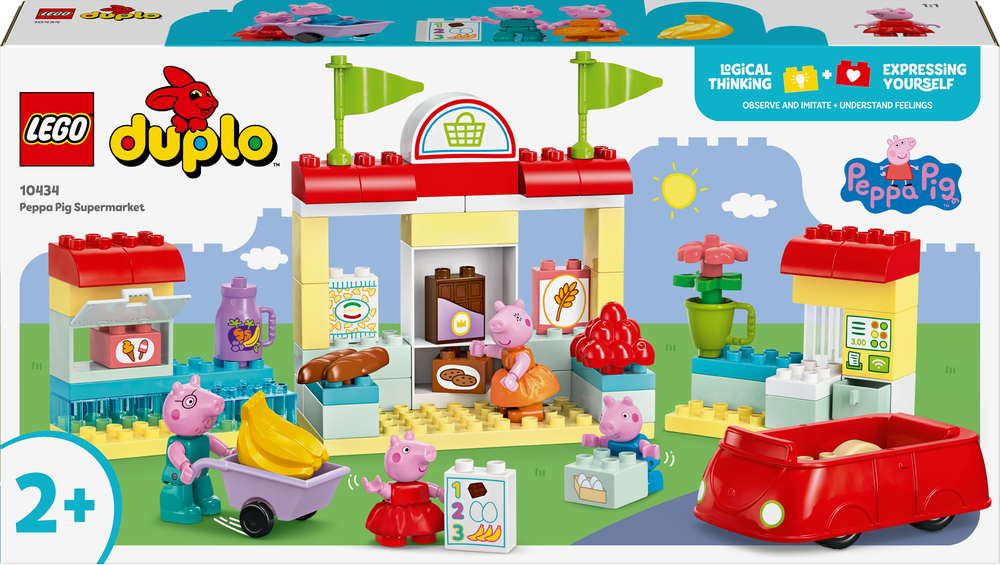LEGO 10434 DUPLO Peppas Supermarkt: Lernspielzeug für Kinder ab 2 Jahre Drinnen, Spielbereich, Maschine, Rad
