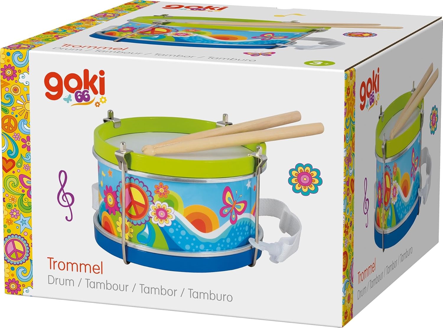 GOKI 61848 Trommel Blumenwiese - Kinder-Trommel im Blumen-Design (GOKI66-Serie)