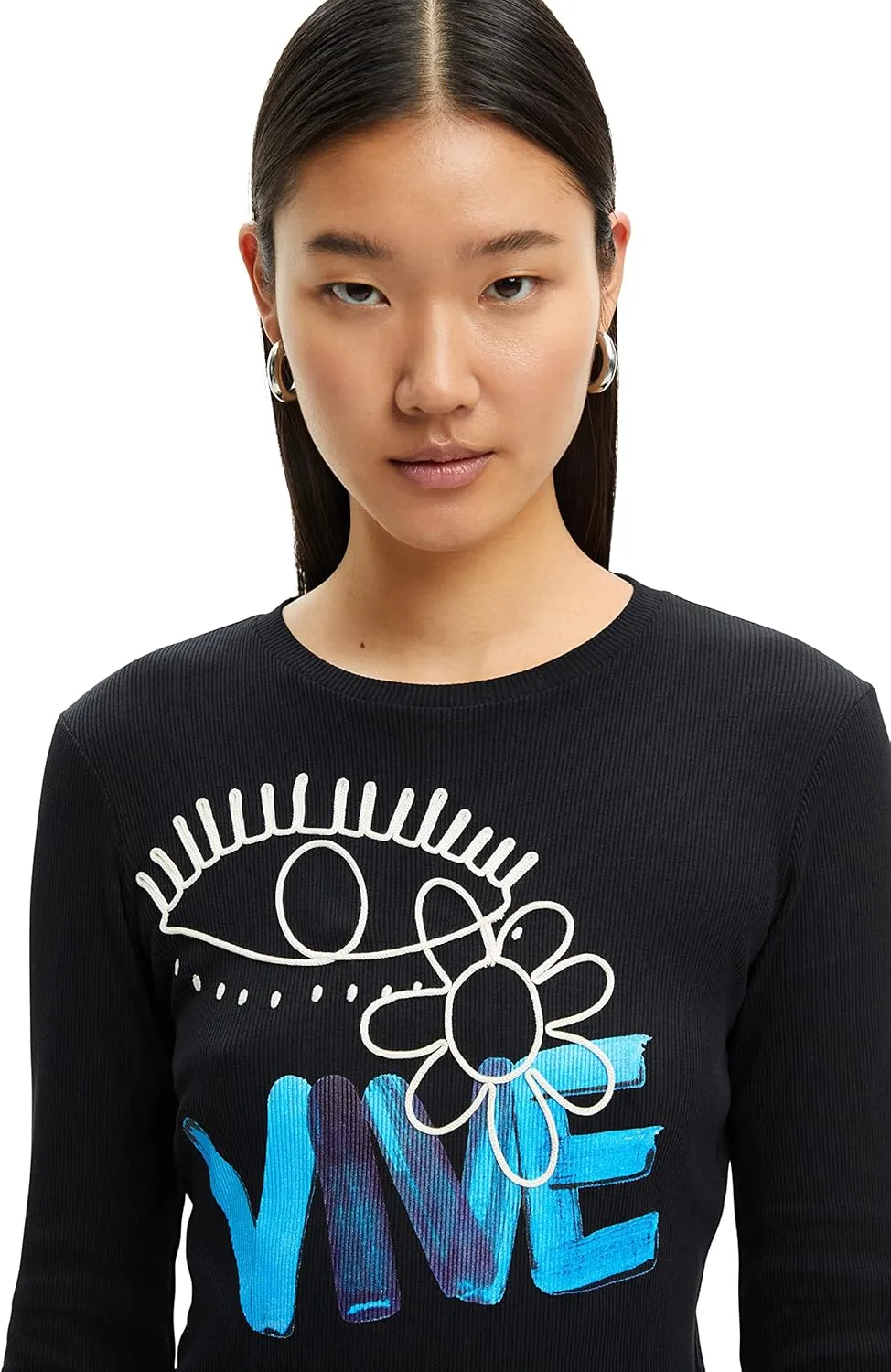 Desigual Damen Langarmshirt - Schwarzes Shirt mit blauem VIVE-Print 22WWTKA52000 GR. XS Desigual Damen Langarmshirt - Schwarzes Shirt mit blauem VIVE-Print 22WWTKA52000 GR. XS