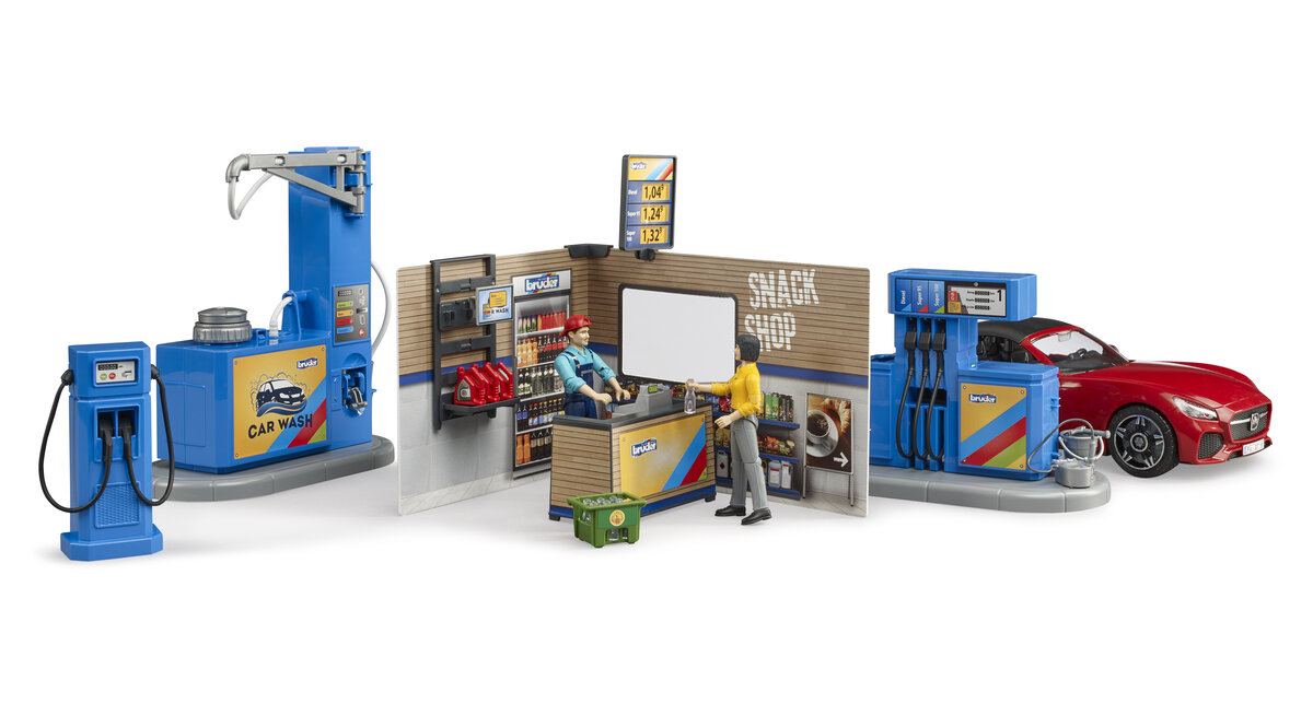 Bruder 62111 bworld Tankstelle mit Waschplatz Maschine, Gaspumpe, Pumpe, Person, Rad