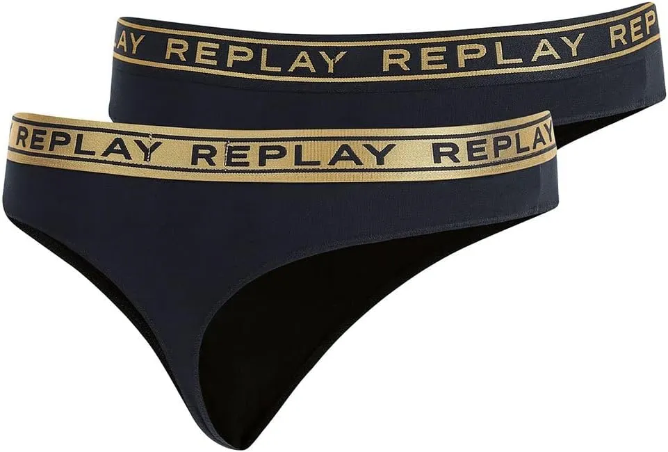 REPLAY Damen String I101306BG – Schwarz/Gold, 2er Pack Cotton-Mix GR. L
