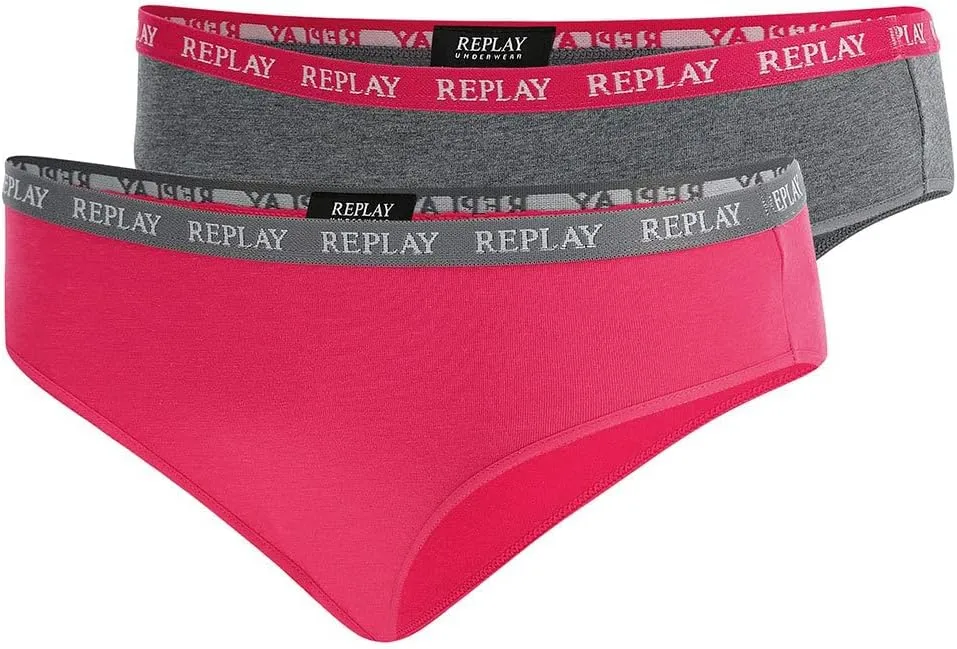 REPLAY Damen Slips I101297GP - Grau/Pink, 2er Pack mit Logo-Bund REPLAY Damen Slips I101297GP - Grau/Pink, 2er Pack mit Logo-Bund