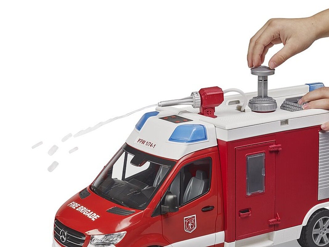 BRUDER 02680 - MB Sprinter Feuerwehrrüstwagen mit Light & Sound Modul Transport, Fahrzeug