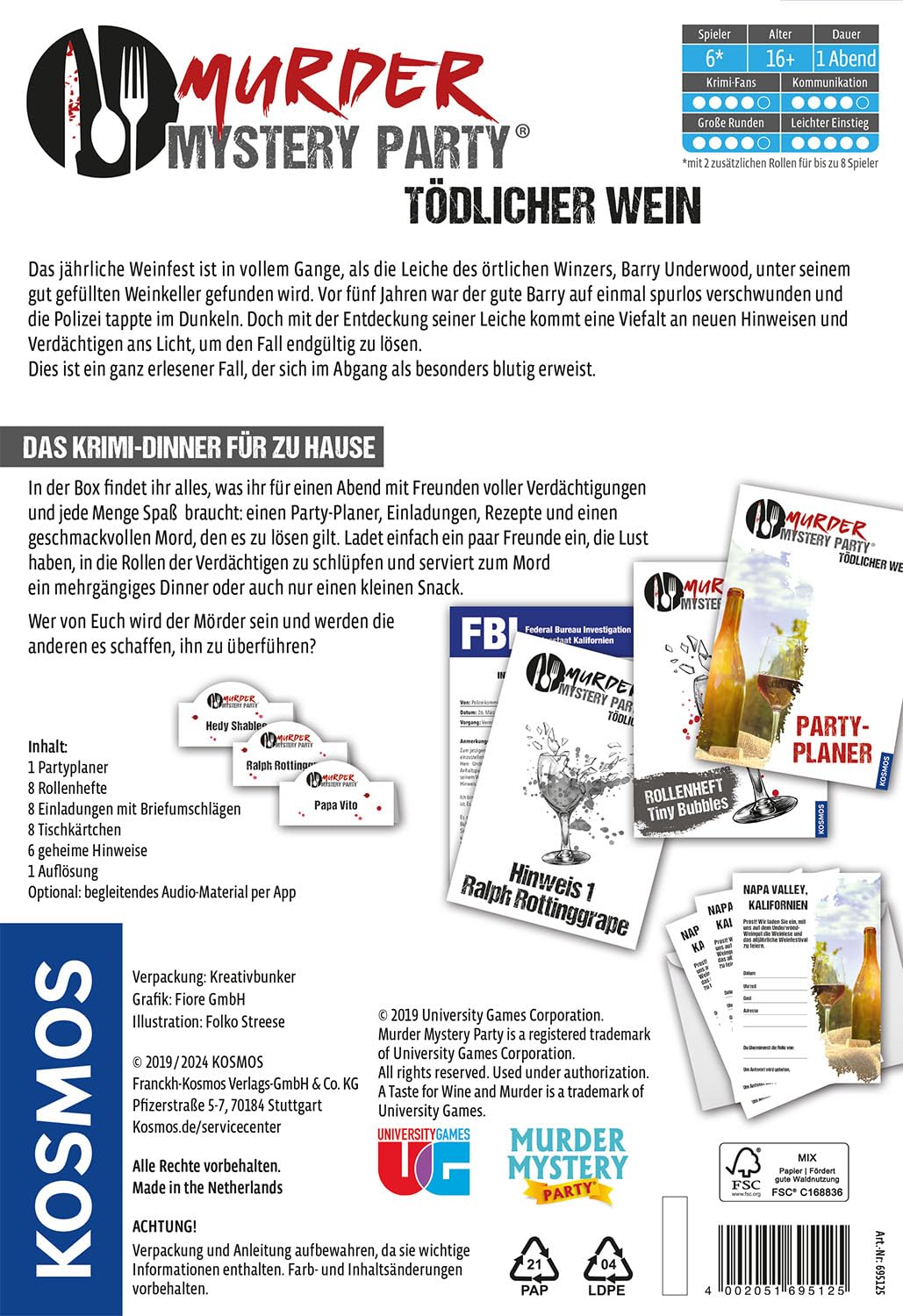 Kosmos Das Krimi Dinner Tödlicher Wein - Spannender Mordfall Für 6–8 Personen 695125 Werbung, Plakat, Text
