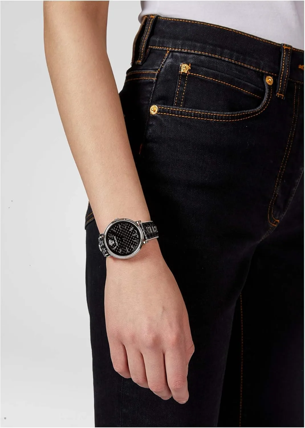 Versace V-Circle VE8100919 Damen Armbanduhr Schweizer Quarz & Edelstahl/Leder