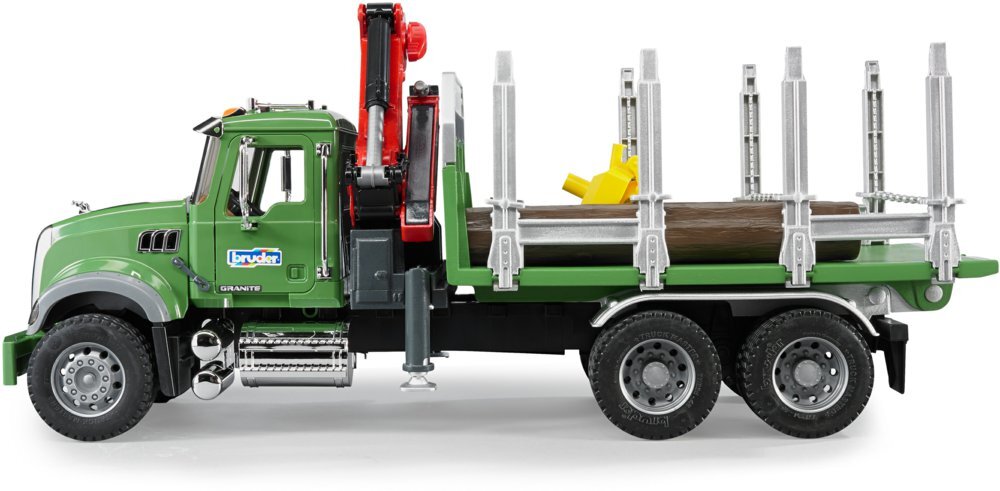 Bruder 02824 MACK Granite Holztransport LKW, Ladekran, Greifer + 3 Baumstämmen Transport, Lastwagen, Fahrzeug