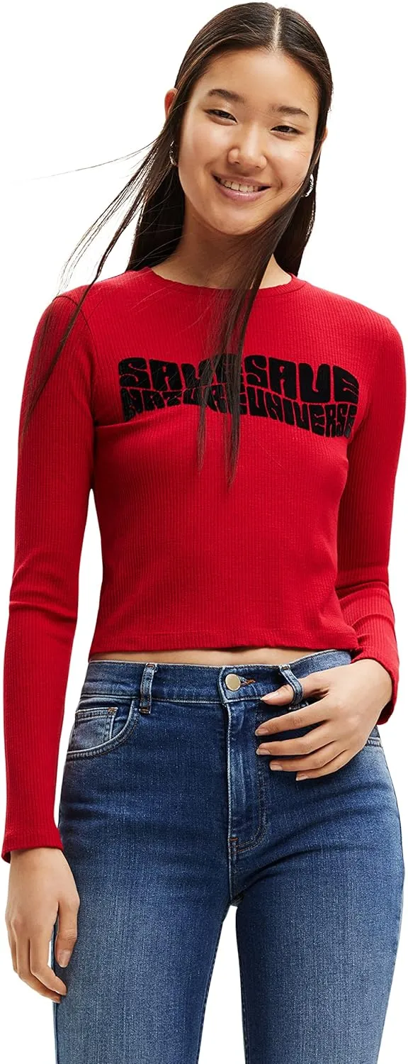 Desigual Damen Langarmshirt - Rotes Rippshirt mit Statement-Print 22WWTK933014 GR. XL