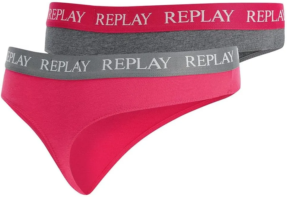 REPLAY Damen Strings I101296GP - Grau/Pink, 2er Pack mit Logo-Bund GR. L