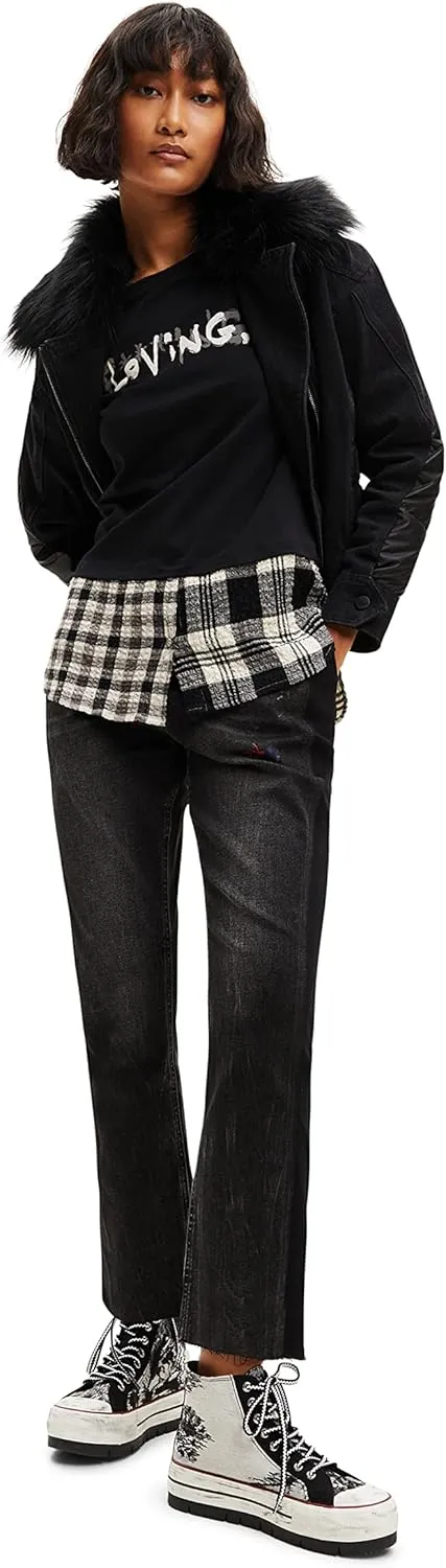 Desigual Damen T-Shirt - Schwarzes T-Shirt mit Karodetail und „Loving“-Print 22WWTKAF2006 GR. M