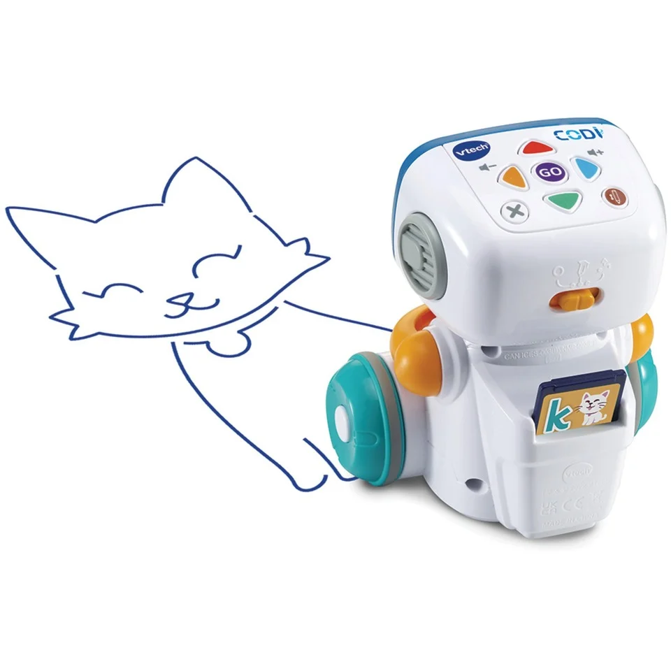 VTech Codi, der clevere Mal-Roboter interaktiv ab 4 Jahren VTech Codi, der clevere Mal-Roboter aus Kunststoff -0,55 kg, 3 Modi Vorlage, Malen, Codieren, 15 Chipkarten, 99 Motive, LED-Augen, kindersicheres Batteriefach, ab 4 J.,