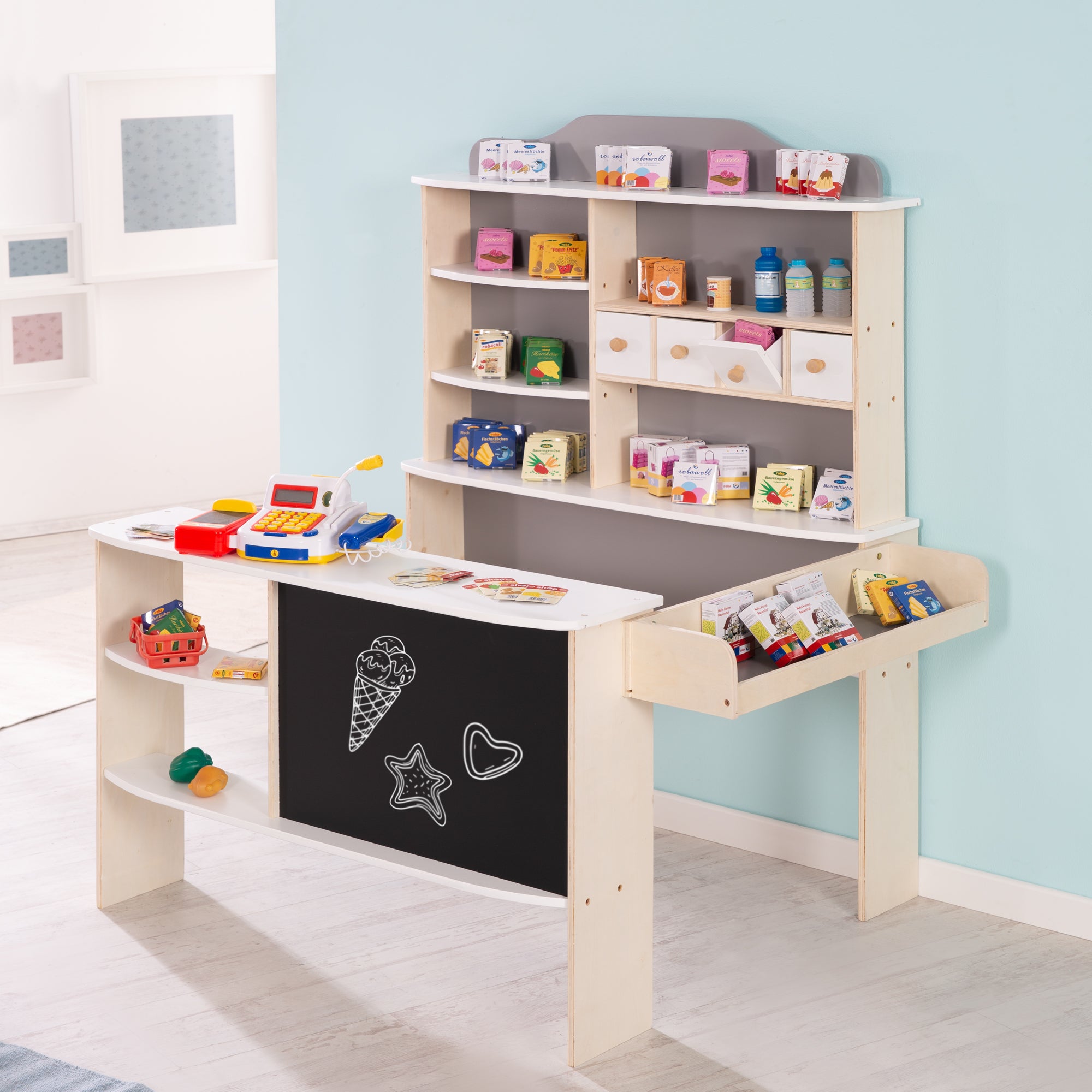Roba 9892GAZU Verkaufsstand mit Zubehör natur lackiert – Rollenspiel - Bild 2 Roba 9892GAZU Verkaufsstand mit Zubehör natur lackiert – Rollenspiel - Produktbild 2