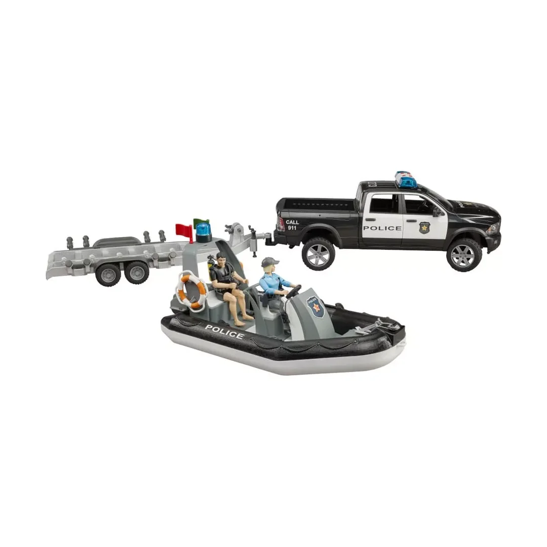 Bruder 02507 RAM 2500 Polizei Pickup mit L + S Modul, Anhänger, Boot und 2 Figuren