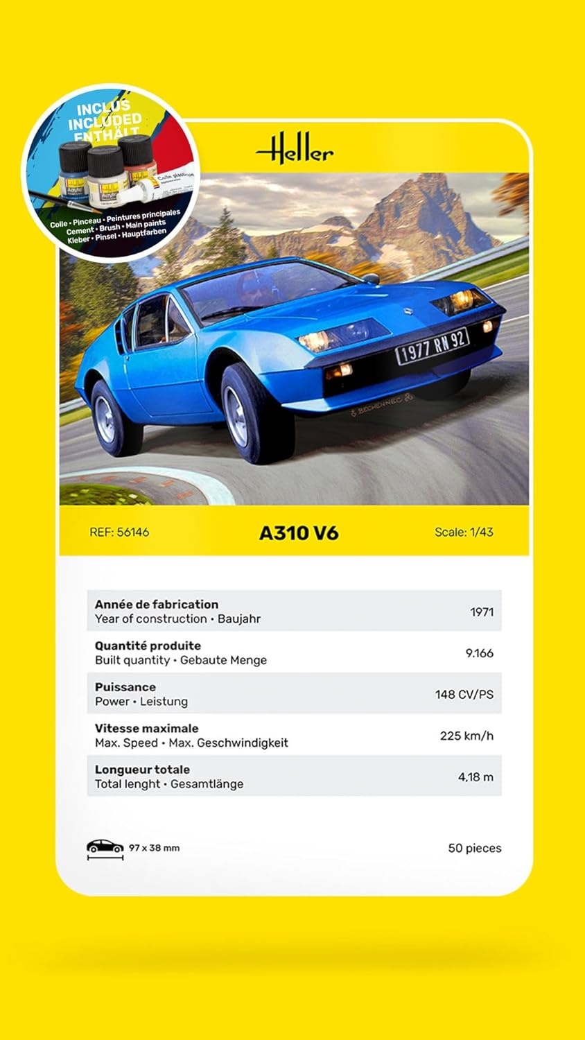 Heller Starter Kit Alpine A310 1:43 Modellbausatz mit Kleber & Farbe, ab 15 Jahren Heller Starter Kit Alpine A310 V6 1:43 Bausatz mit Pinsel, Farbe und Kleber, modellierfreundlich, Detailmaßstab 97×38 mm, ab ca. 15 Jahren, Werbung, Plakat, Auto, Coupé, Rad, Werbung, Plakat, Auto, Coupé, Rad