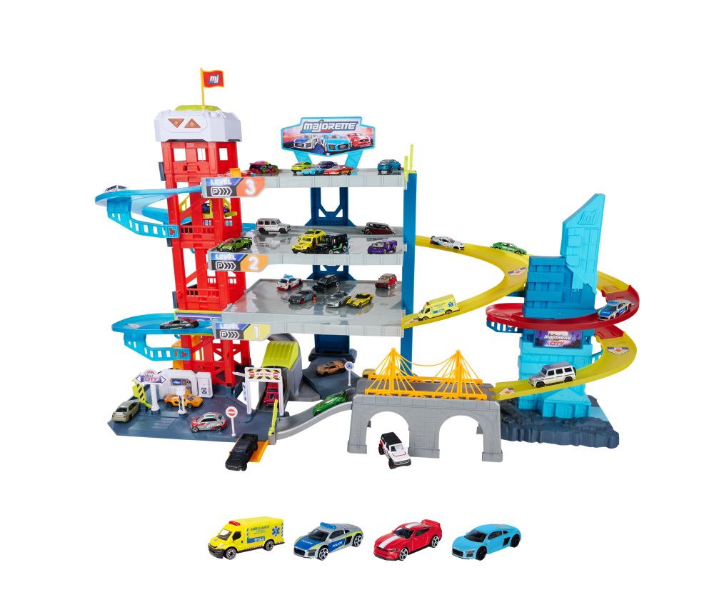 Majorette Double Track Garage + 4 Vehicles
