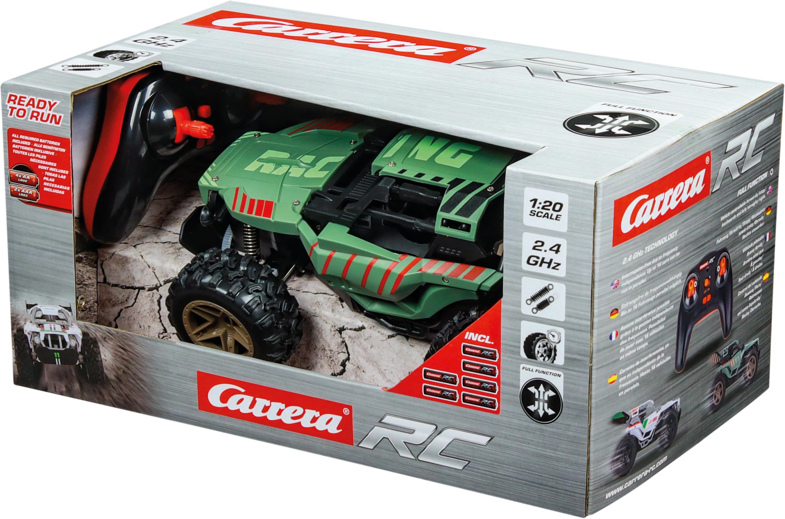 Carrera RC Mountain Racer 2,4GHz mit Vollfederung 370200004 Maschine, Rad, Sprach, Leichtmetallfelge, Erste Hilfe