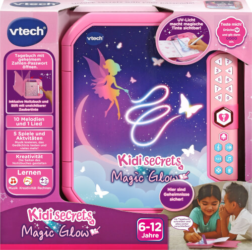 VTech Kidisecrets Magic Glow Geheimtagebuch mit UV-Stift & PIN-Schloss, ab 6 Jahren VTech Kidisecrets Magic Glow Tagebuch mit PIN-Code, UV-Lampe & unsichtbarer Tinte, 5 Spiel-Aktivitäten Melodie, Quiz, Lebensweisheiten etc., kindersicheres Batteriefach, ab 6 Jahren,