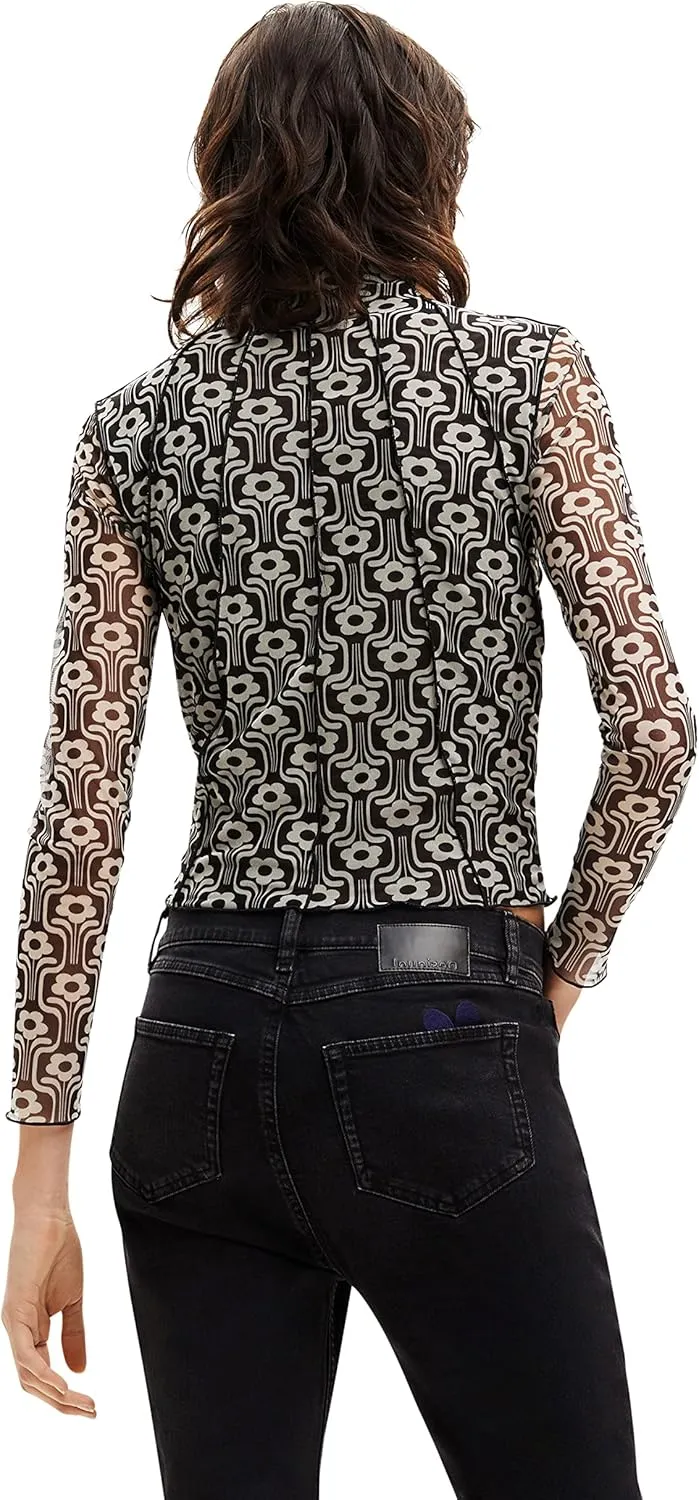 Desigual Damen Langarmshirt - Schwarz-weißes Retro-Mesh-Shirt mit Blumenmuster 22WWTKA42000 GR. M