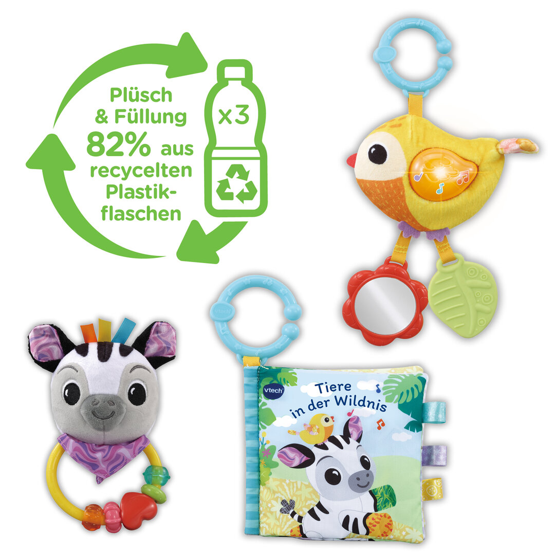 VTech Babys Tierfreunde-Geschenkset Motorik-Spielzeug ab 6 Monaten VTech Babys Tierfreunde-Geschenkset aus 3 Teilen: weiches Stoffbuch, Zebrarassel, Vogel mit Spiegel & Beißhilfe; 6 Lieder, 45 Melodien, 82 % recycelter Plüsch, kindersicher ab 0,5 J., Spielzeug, Rassel, Plüsch