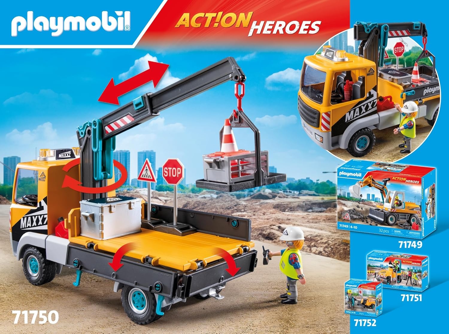 PLAYMOBIL 71750 - Action Heroes: Baustellen-LKW mit Kran und Zubehör Baugewerbe, Person, Baukran