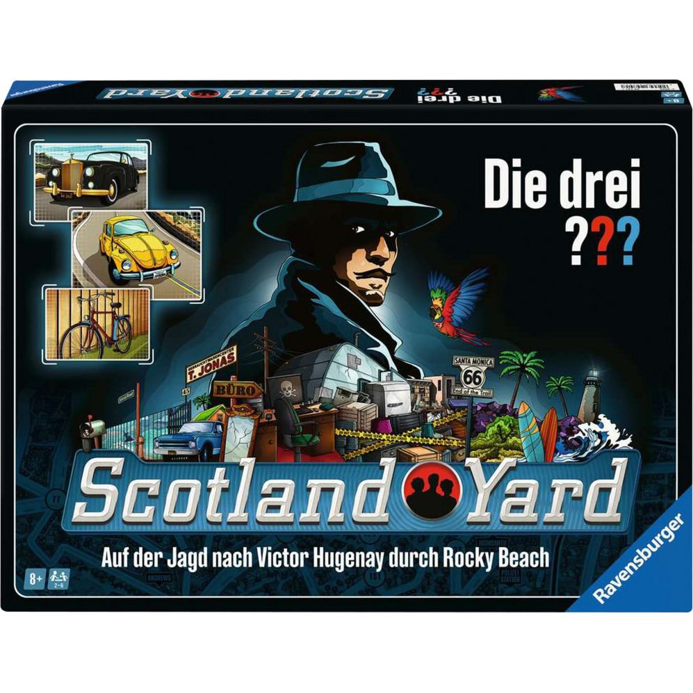 Ravensburger 24741 Die drei ??? Scotland Yard Der Spieleklassiker für 2 6 Personen ab 8 Jahren mit den Kult Dete Person, Auto, Hut, Rad, Gesicht