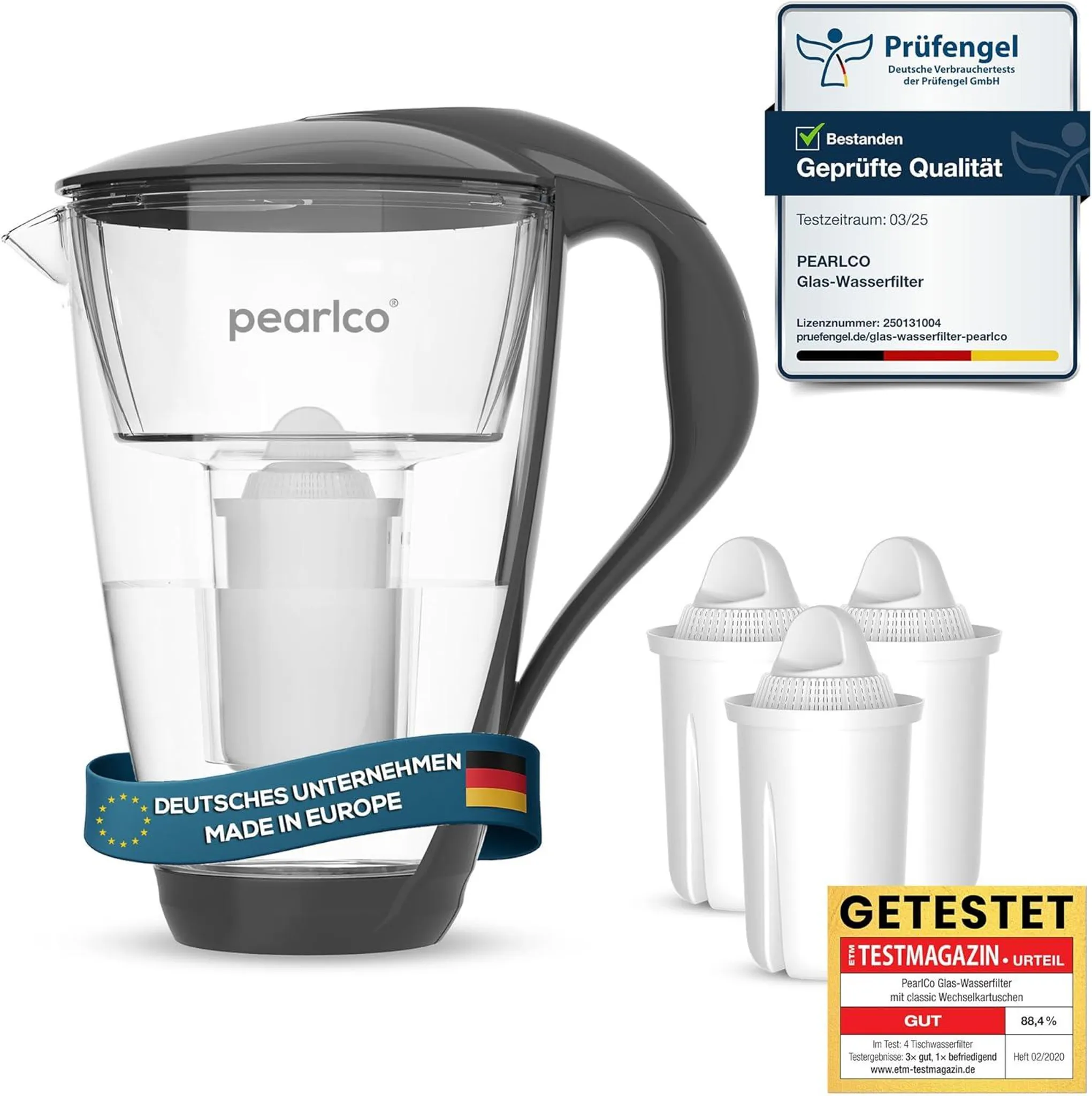 PEARLCO 2342 Glas-Wasserfilter Anthrazit, inkl. 3 Kartuschen