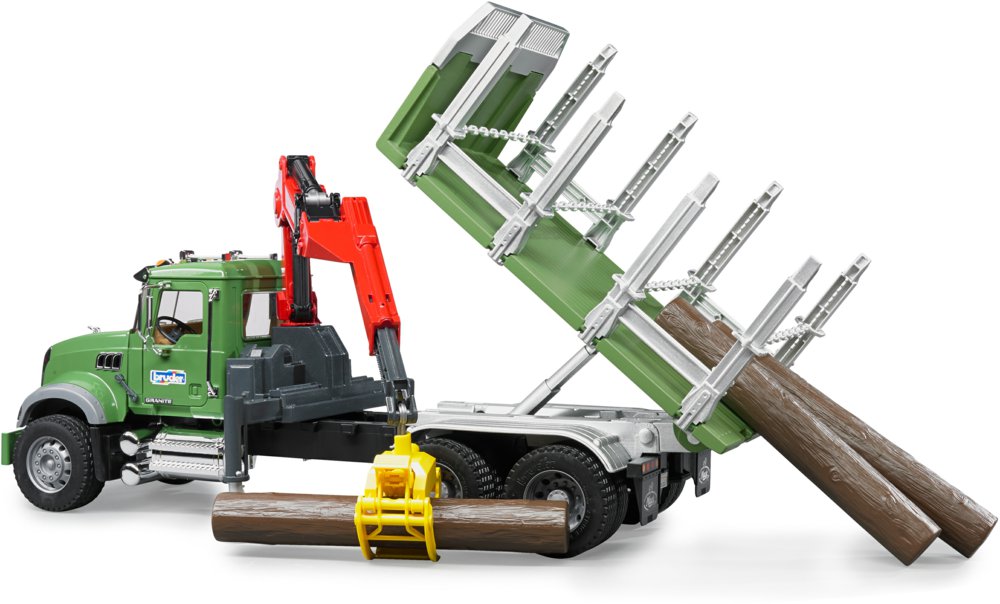 BRUDER 02824 - MACK Granite Holztransport-LKW mit Ladekran, Greifer und 3 Baumstämmen Maschine, Rad, Bogen, Architektur