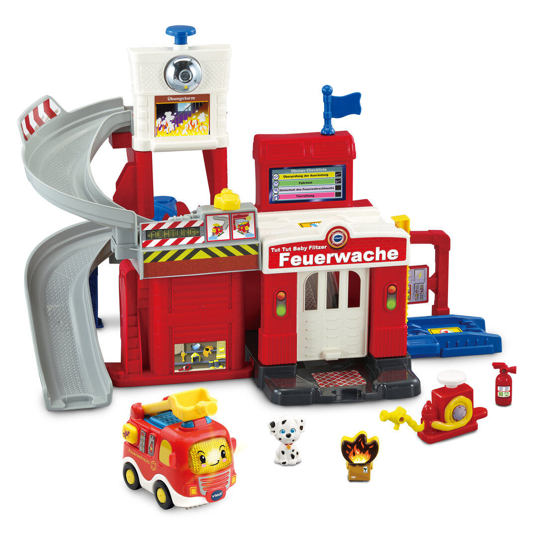VTech Tut Tut Baby Flitzer Feuerwache, interaktives Spielgebäude ab 1 Jahr VTech Tut Tut Baby Flitzer Feuerwache aus Kunststoff mit 3 Liedern & 6 Melodien, 4 magischen Sensoren, Feuer-Spielstein, Löschschlauch, Hundefigur, kindersicher ab 1 J., Spielzeug