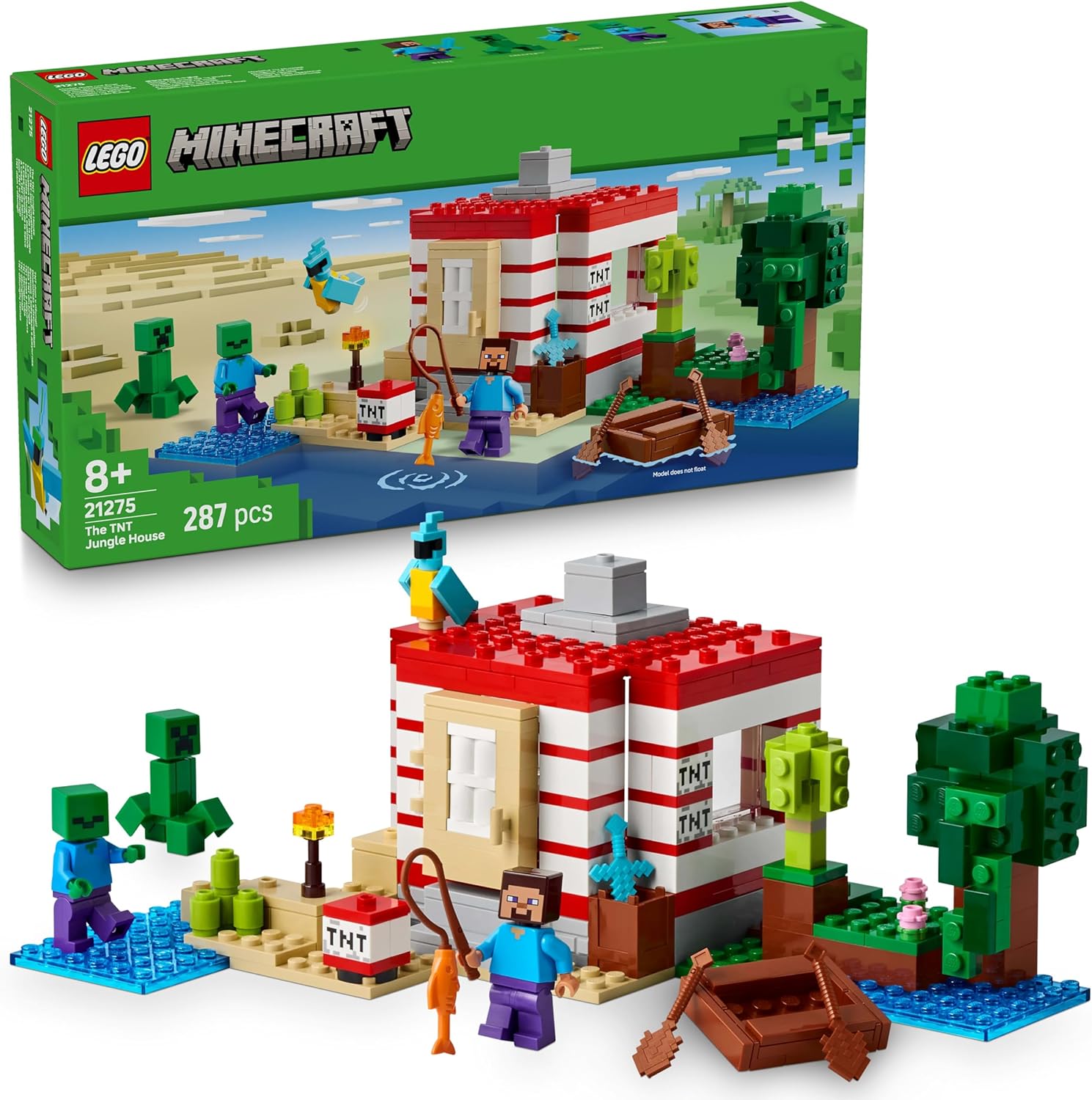 LEGO® Minecraft™ 21275 Das TNT Dschungelhaus LEGO® Minecraft™ 21275 Das TNT Dschungelhaus – Verpackung, Zubehör und Details sichtbar
