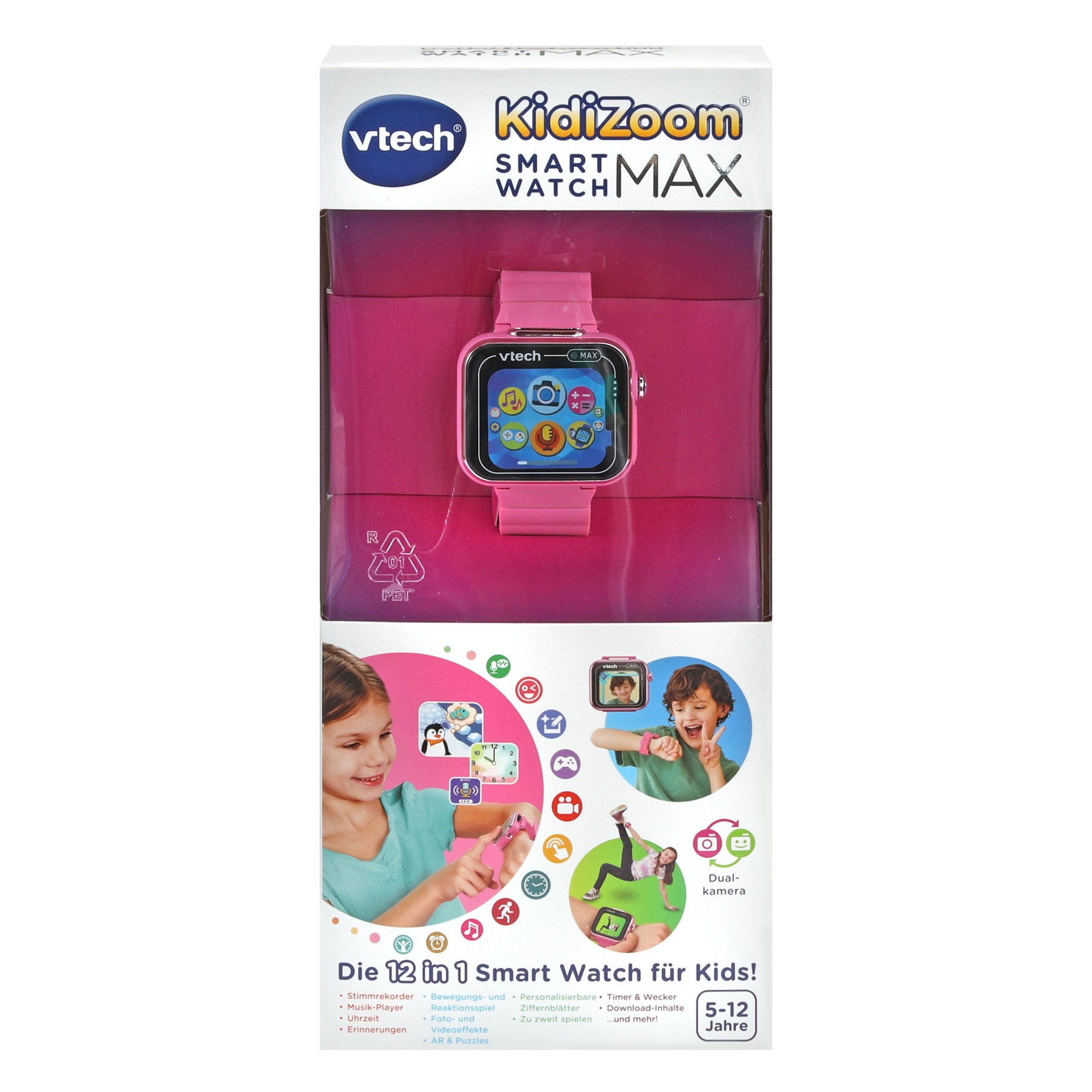 VTech KidiZoom Smart Watch MAX pink mit Touch-Display 1,69, Duokamera für Fotos/Video, Schrittzähler, Spiele & Kreativ-Apps, Wecker, Musik-Player, USB-Akku, spritzwassergeschützt, ab 5 Jahren, Person, Armbanduhr, Gesicht, Kopf, Elektronik
