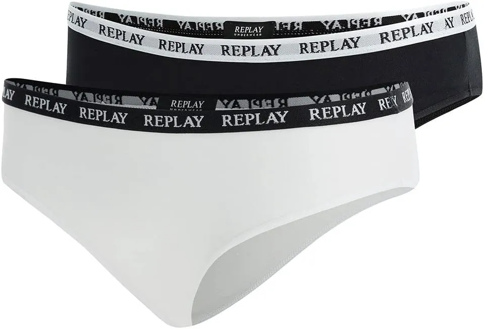 REPLAY Damen Slips I101297BW - Schwarz/Weiß, 2er Pack mit Logo-Bund GR. L