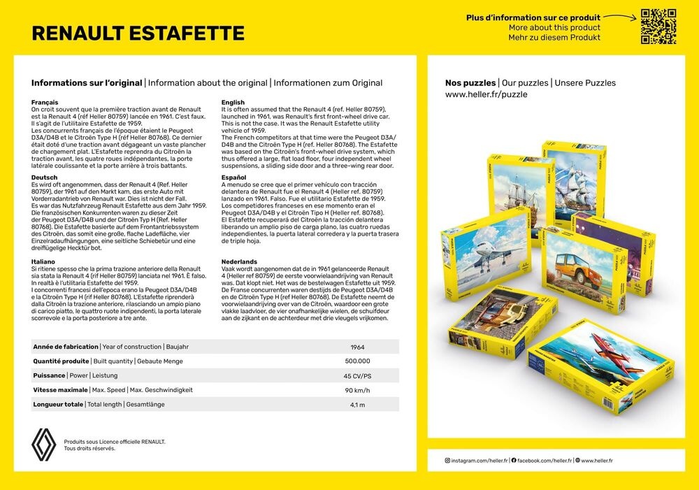 Heller Puzzle Renault Estafette 500 Teile, ab 3 Jahren Heller Puzzle Renault Estafette mit 500 Teilen, Detail-Motiv eines klassischen Fahrzeugs, ab 3 Jahren, ideal für Kinder und Sammler, Werbung, Plakat, Seite, Kiste, Auto, Werbung, Plakat, Seite, Kiste, Auto