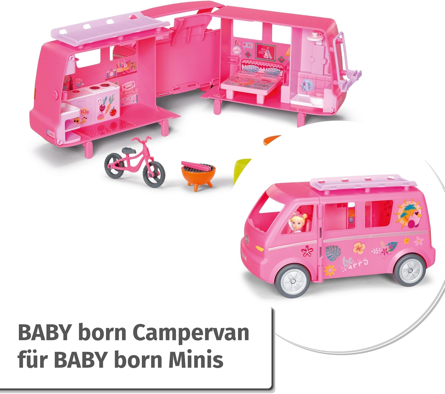 BABY born® Minis – Campervan mit Puppe Jasmin & Zubehör – Aufklappbares Puppenfahrzeug