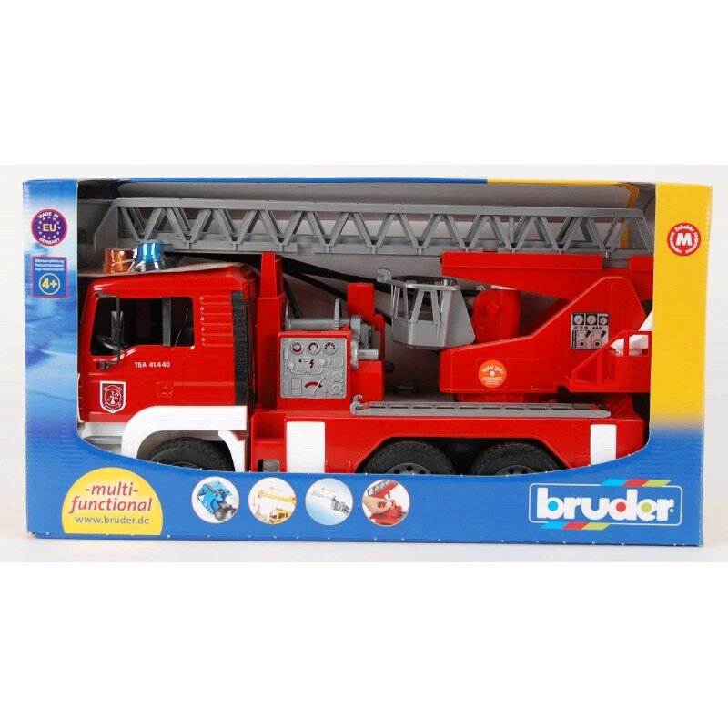 BRUDER 02771 - MAN TGA Feuerwehr mit Drehleiter, Wasserpumpe und Light And Sound Moduletruckss) Inkl. Batterie Transport, Fahrzeug, Lastwagen, Maschine, Rad