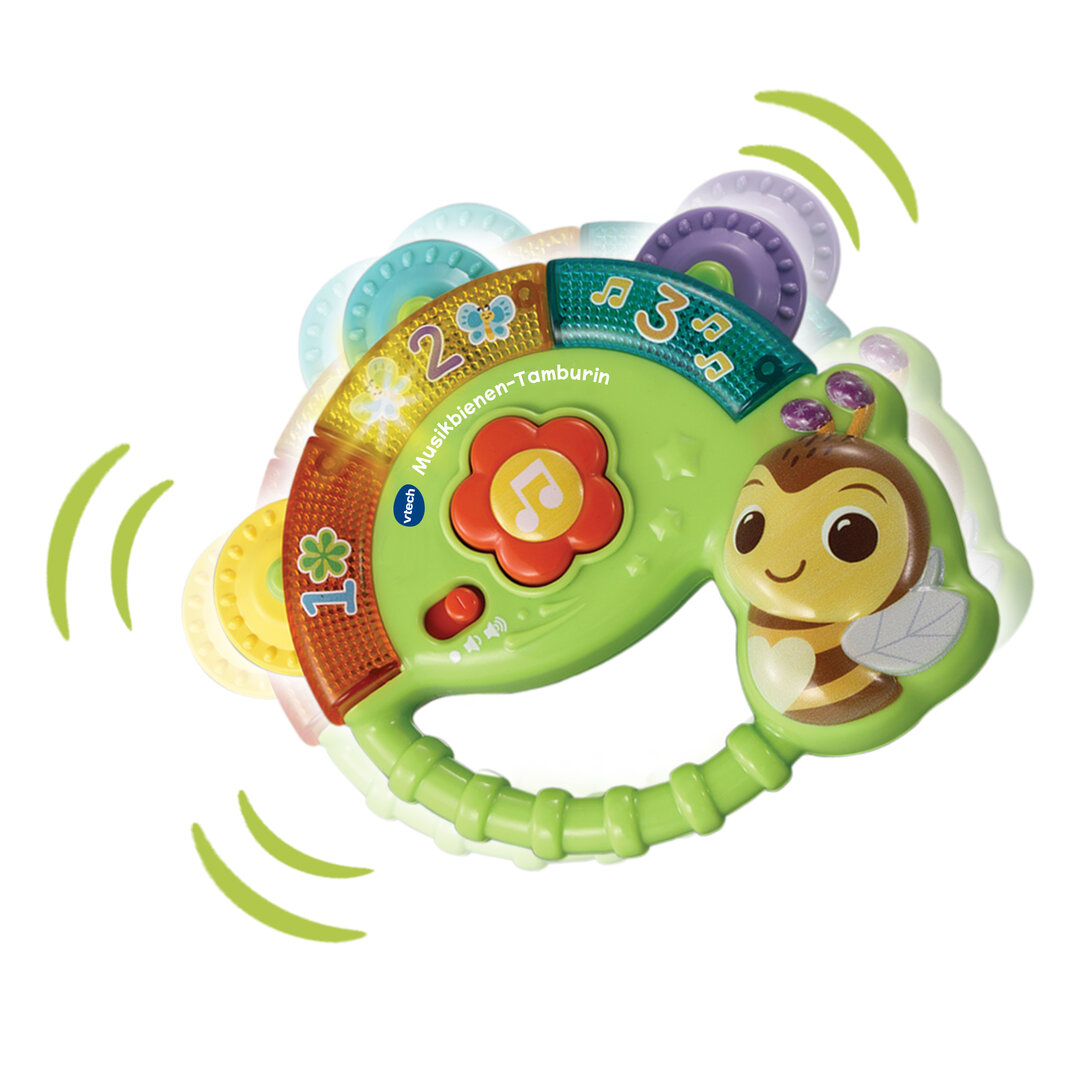 VTech Musikbienen-Tamburin interaktives Musikspielzeug ab 3 Monaten VTech Musikbienen-Tamburin aus mehrfarbigem Kunststoff, Bewegungssensor, leuchtende Lichter, Mitte-Blumentaste mit Liedern & Zahlenkommentaren, 3 Lieder & 10 Melodien, kindersicher, ab 3 Monaten, Spielzeug, Rassel, Maschine, Rad