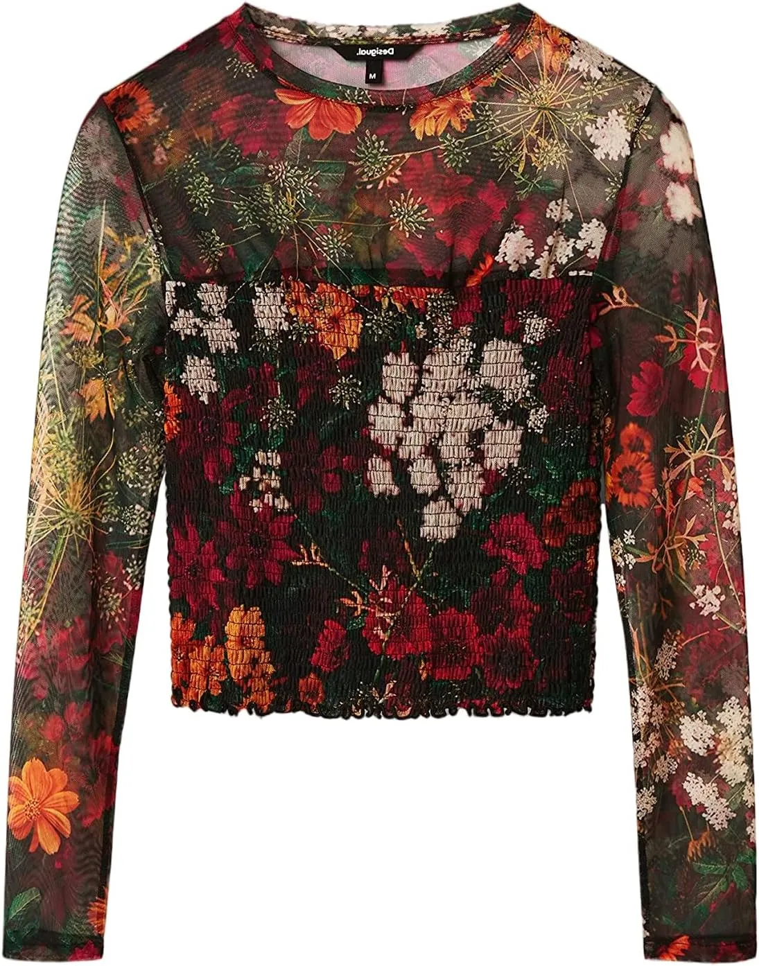 Desigual Damen Langarmshirt - Schwarzes Mesh-Shirt mit abstraktem Muster 22WWTK639019 GR. XL