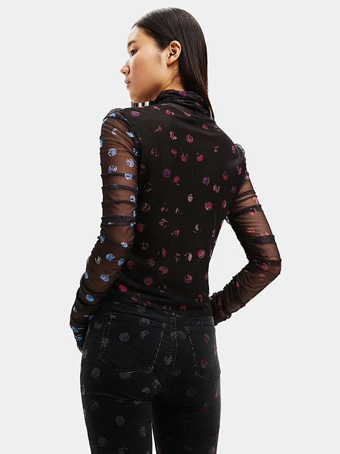 Desigual Damen Langarmshirt - Schwarzes Mesh-Shirt mit buntem Patch-Design 22WWTK472000 GR. XS