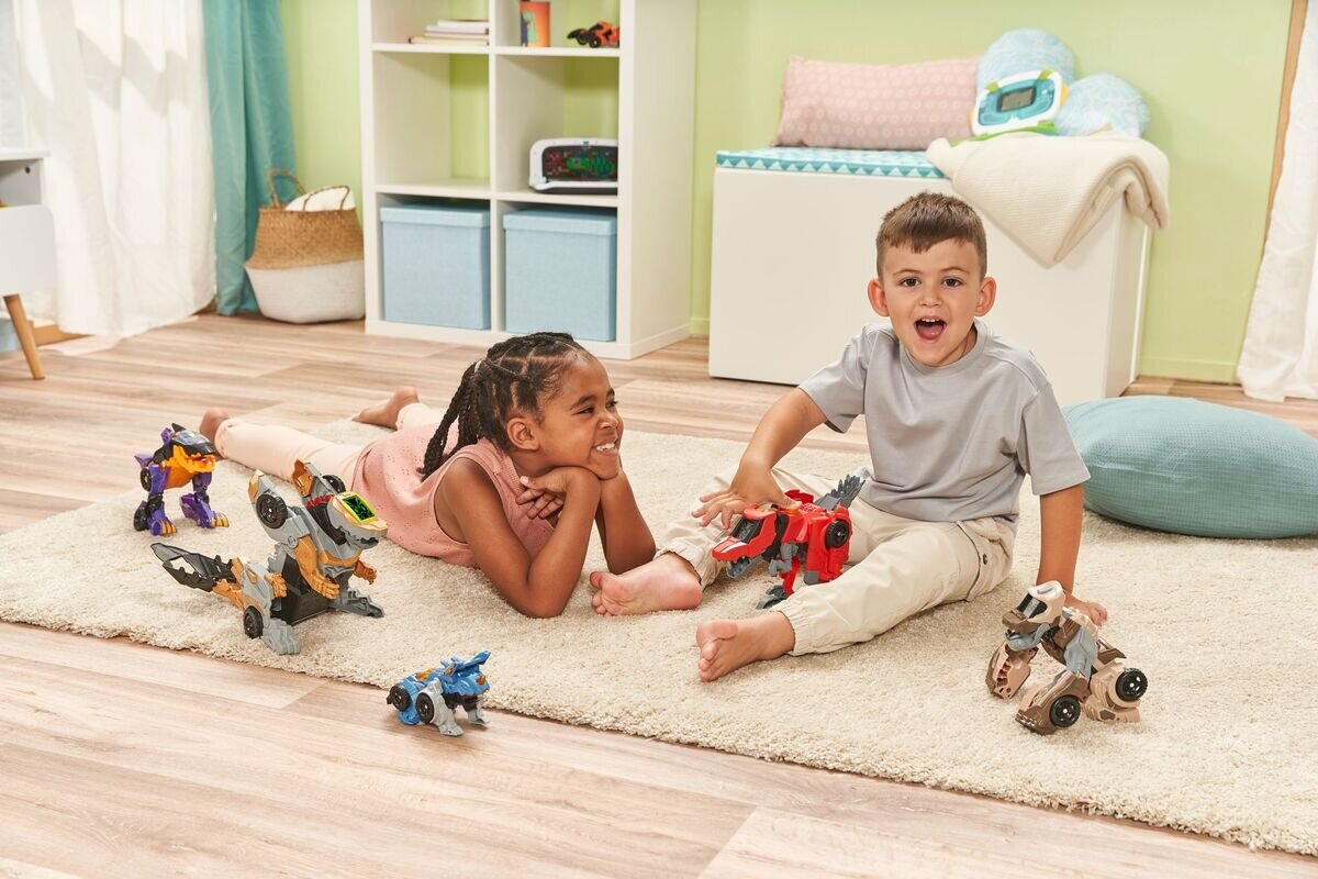 VTech Switch & Go Dinos Fighter Velociraptor, 2-in-1 Dino & Fahrzeug, ab 3 Jahren VTech Switch & Go Dinos «Fighter Velociraptor» transformierbarer Dino/Auto mit LED-Effekten, LCD-Animation, 4 Projektile, Sprache & Sound, 2 × AAA, ab 3 Jahren,