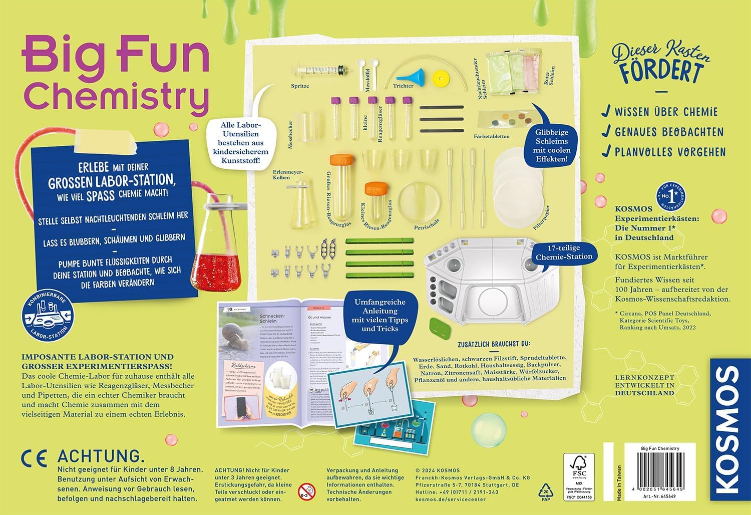 Kosmos Big Fun Chemistry - Faszinierendes Chemielabor Mit Schleim. Farbspielen & Blubber-Effekten 645649 Werbung, Plakat, Visitenkarte, Papier, Text