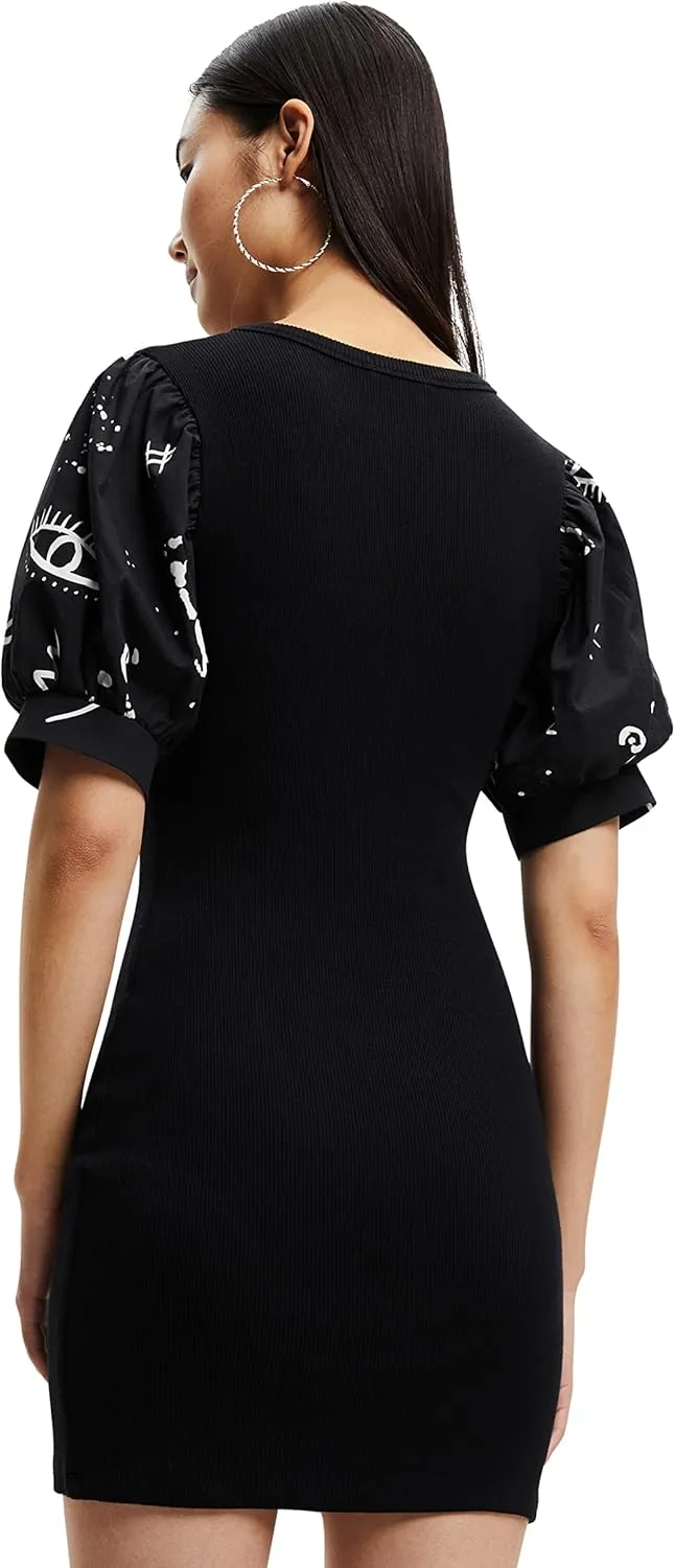 Desigual Damen Kleid - Schwarzes Kleid mit Puffärmeln und Kontrastprint 22WWVK712000 GR. L Desigual Damen Kleid - Schwarzes Kleid mit Puffärmeln und Kontrastprint 22WWVK712000 GR. L