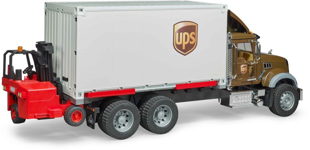 BRUDER 02828 - MACK Granite UPS Logistik-LKW mit Mitnahmestapler Anhänger-LKW, Lastwagen, Fahrzeug, Maschine, Rad