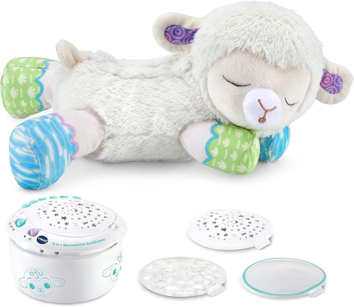 VTech 3-in-1 Sternenlicht-Schäfchen Projektion, Musik & Kuscheltier ab 0,5 Jahr VTech 3-in-1 Sternenlicht-Schäfchen aus weichem Plüsch mit abnehmbarem Projektormodul, 3 Lichtschablonen, 3 Liedern, 40 Melodien, 25 Natur-Sounds, Timer & Geräusch-Sensor, ab 0,5 J.,