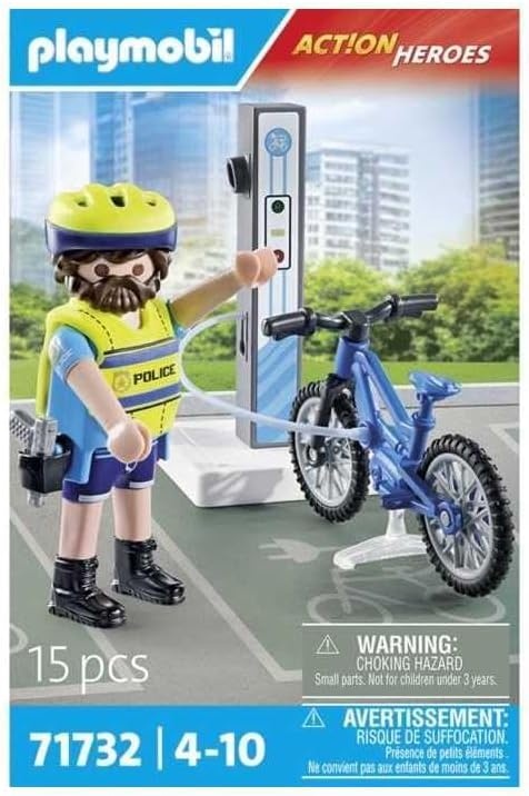PLAYMOBIL 71732 - Action Heroes: Polizei Fahrradstreife mit E-Bike und Ladestation Werbung, Person, Helm, Plakat, Fahrrad
