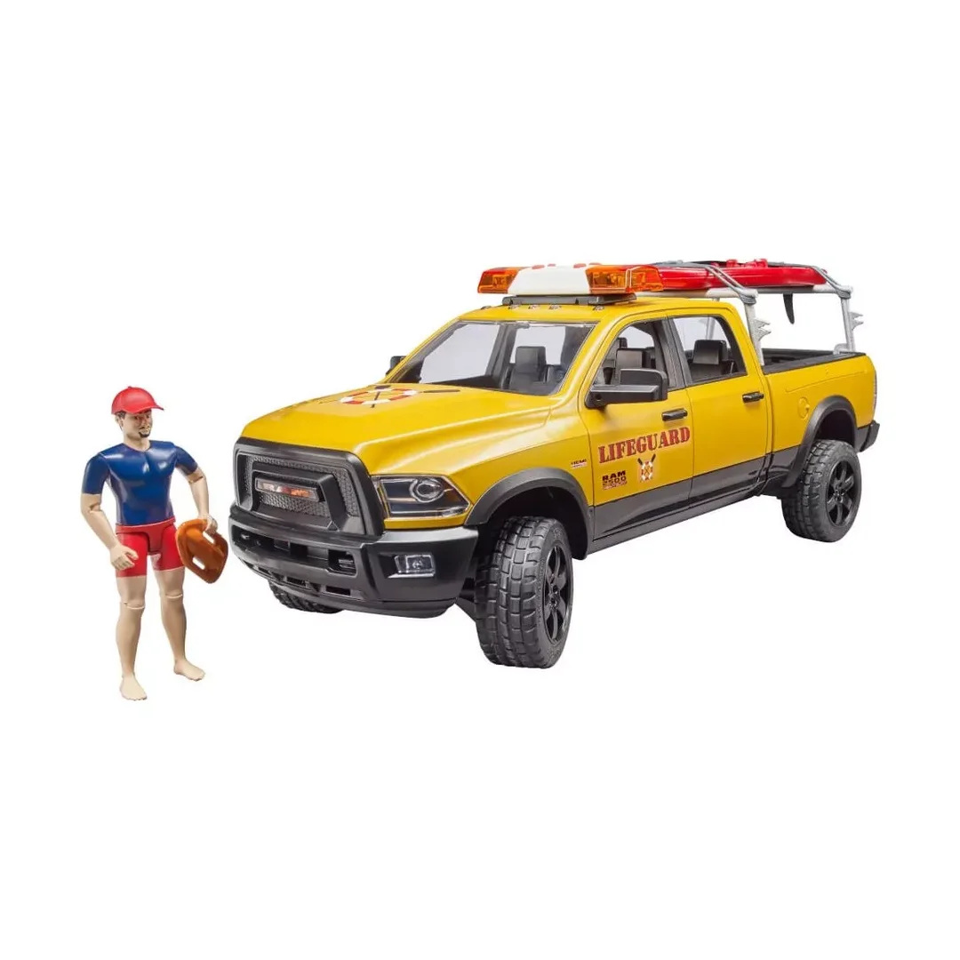 Bruder 02506 RAM 2500 Power Wagon Life Guard mit Figur, Stand Up Paddle und Light & Sound Modul