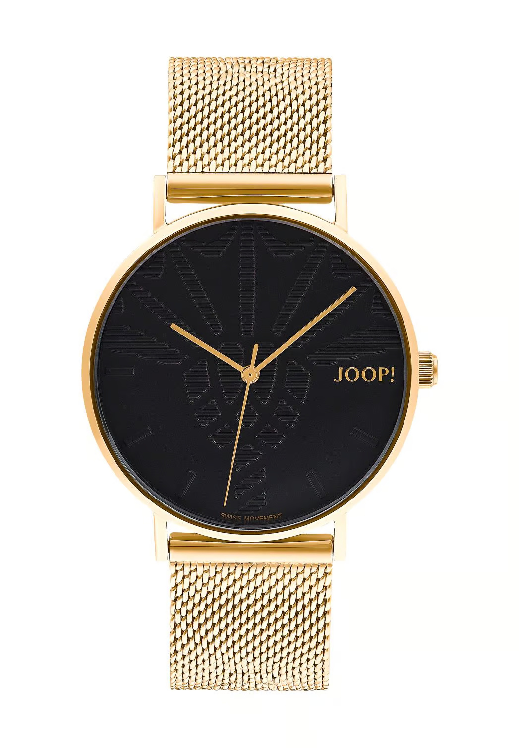 JOOP! Uhr aus goldfarbenem Edelstahl, schwarzes Zifferblatt mit Kornblumenmuster, Milanaisearmband, Schweizer Quarzwerk Ronda, wasserdicht bis 5 bar, Damen JOOP!, Uhr, aus, goldfarbenem, Edelstahl, schwarzes, Zifferblatt, mit, Kornblumenmuster, Milanaisearmband, Schweizer, Quarzwerk, Ronda, wasserdicht, bis, 5, bar, Damen