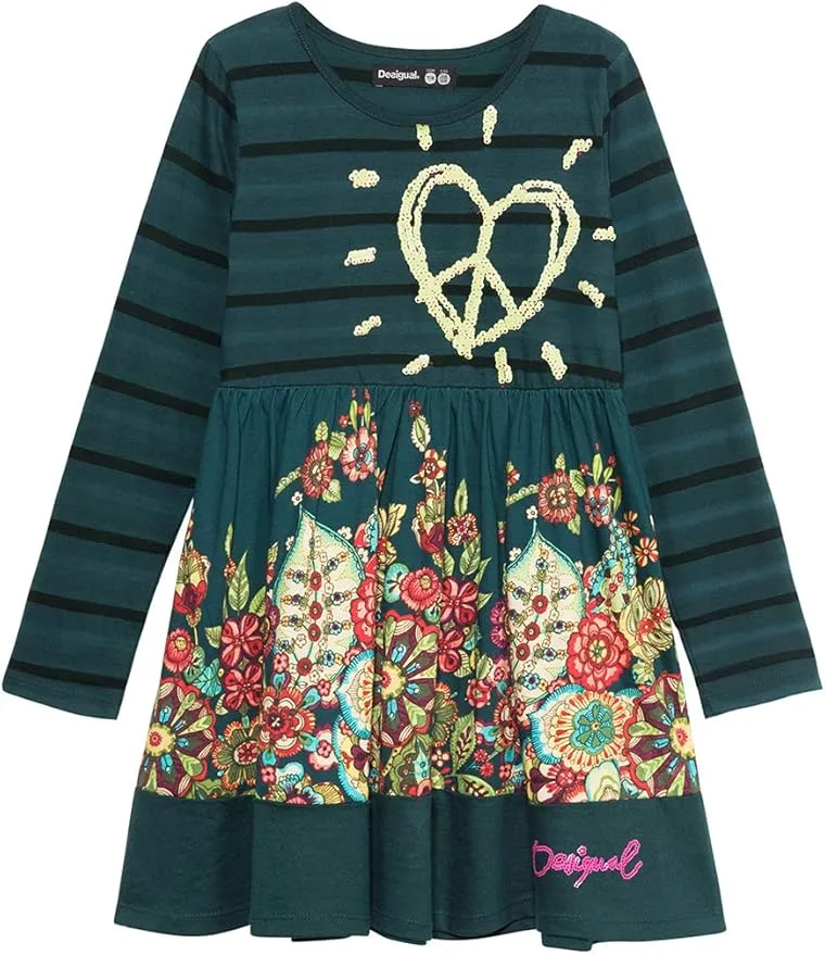 Desigual Mädchen Kleid „Physalis“ - Blumenmuster mit Pailletten-Herz 19WGVK93