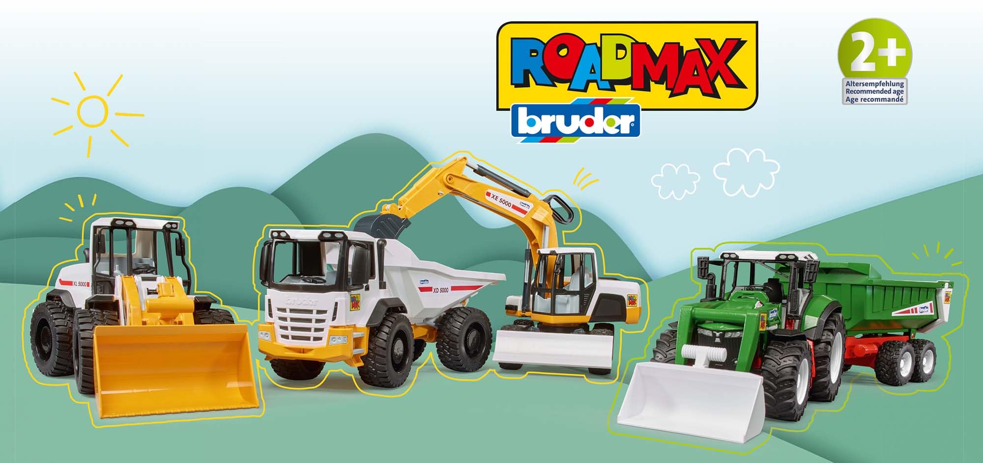 BRUDER 03452 - Roadmax Traktor mit Frontlader und Kippanhänger Maschine, Bulldozer, Rad