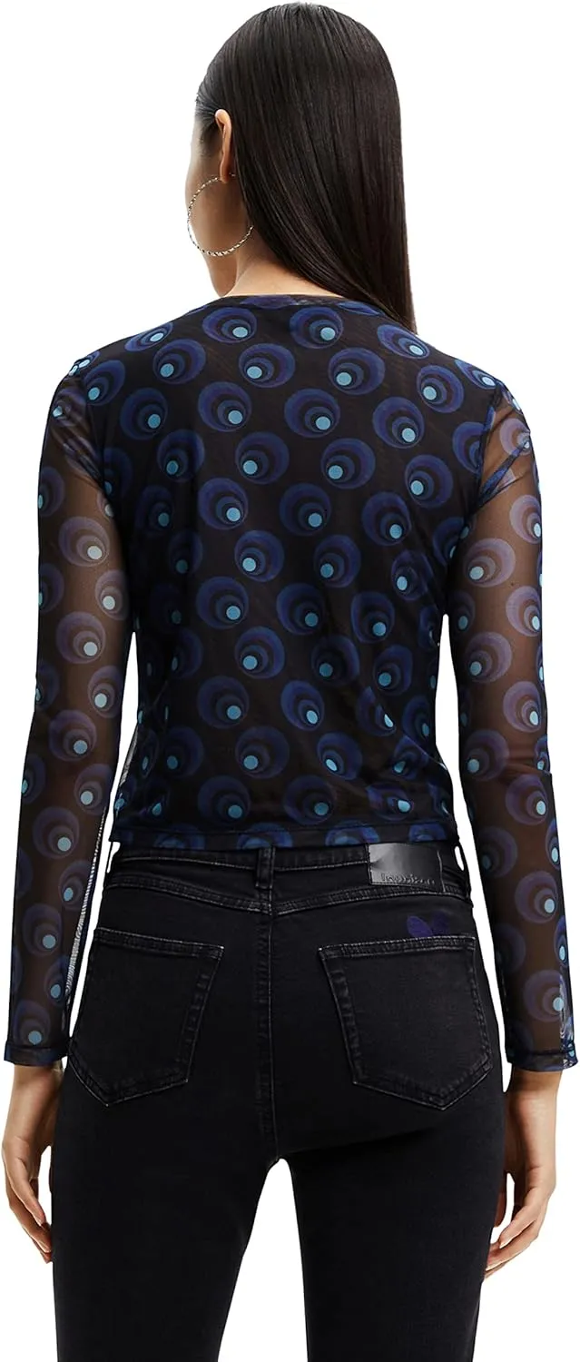 Desigual Damen Langarmshirt - Schwarzes Mesh-Shirt mit blauem Kreisprint 22WWTK815000 GR. XS