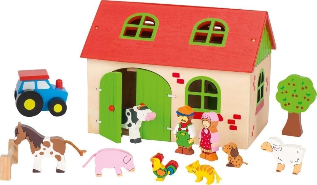 GOKI 58497 Mein Bauernhof - Spielset mit Figuren aus Holz Person, Drinnen