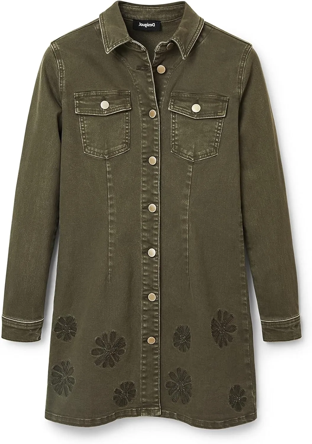 Desigual Damen Kleid - Khakifarbenes Jeanskleid mit Blumenstickerei 22WWVD144086 GR. M