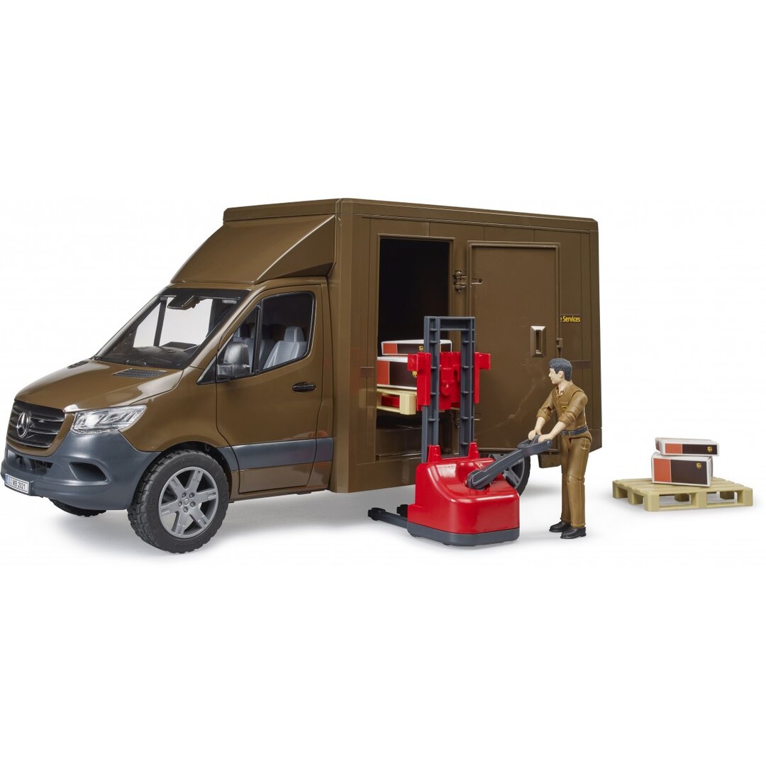 Bruder 02678 MB Sprinter UPS mit Fahrer und Zubehör Kiste, Umzugswagen, Transporter, Fahrzeug, Person